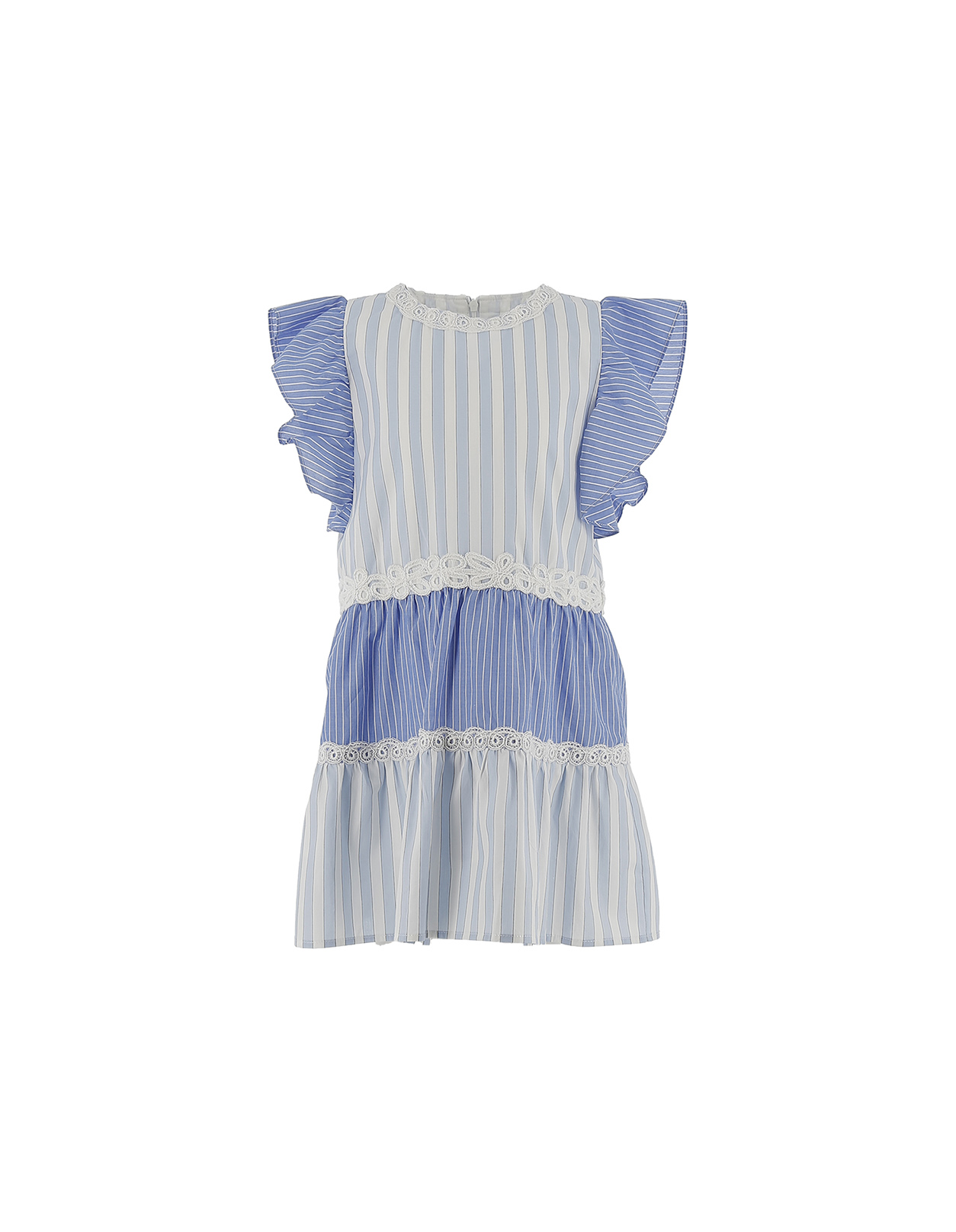 White and Light Blue Dress with Ruffles and Striped Pattern